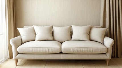 Obraz premium Elegant beige sofa with pillows against a neutral backdrop