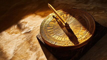 A sculpted golden sundial resting on a sleek pedestal