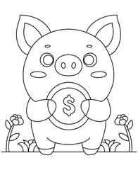 Coloring book Pig holding a coin with a dollar sign.  Cute line art for coloring fun.