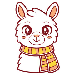Cartoon Llama, White Fur, Red Outline, Striped Scarf, Big Eyes, Smiling, Isolated