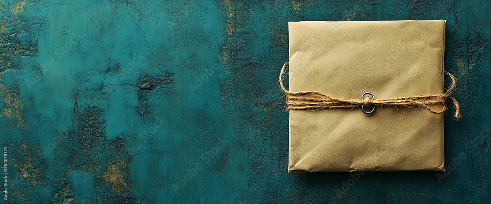 Aufkleber beige paper package tied with twine on teal textured background, showcasing rustic simplicity and vi