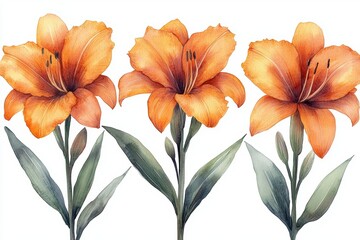 Beautiful Watercolor Illustration of an Orange Daylily on a Clean White Background with Clean Lines and Stylized Details