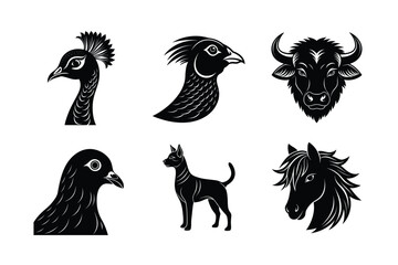 many kinds of pet animal head silhouette vector illustrations