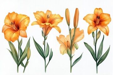 Fototapeta premium Beautiful Watercolor Orange Daylily Flower Illustration Isolated on White Background