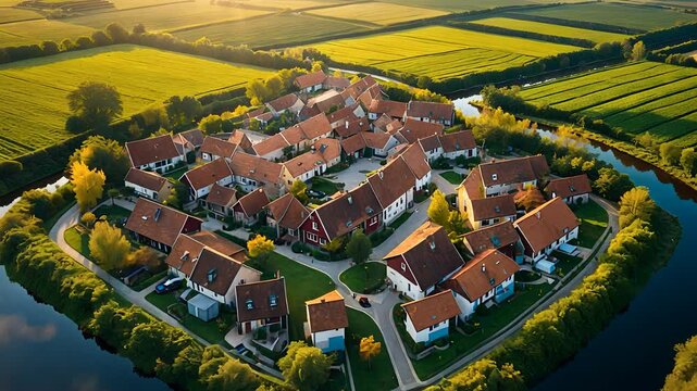 Aerial view of residential neighborhood with red-roof houses surrounded by green fields and water channels at sunset

