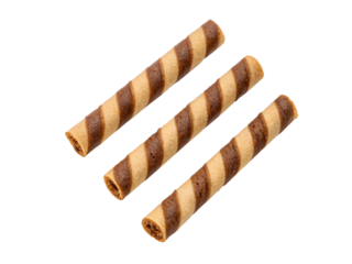 Set of three brown wafer rolls with delicate stripes, isolated on a white transparent background, ideal PNG cutout for food packaging