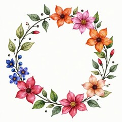 Obraz premium Watercolor floral wreath surrounding a vase with fresh flowers, flowers, wreath
