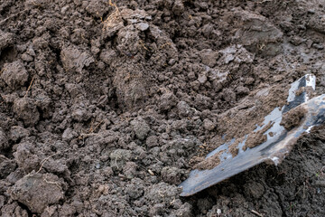 Soil texture in agricultural field. Digging with shovel. Selective focus.