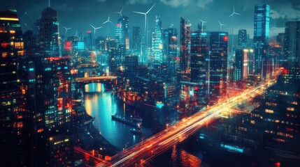 Fototapeta premium A conceptual digital artwork of a city at night where vibrant lights illuminate the skyline and reflect on water.