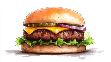 Delicious Cheeseburger with Beef Patty Pickles Cheese Tomato Onion Lettuce and Condiments Isolated on White Background