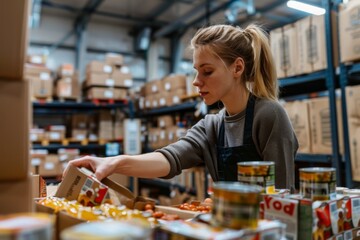 A volunteer is organizing non-perishable food items at a local food bank to help families in need