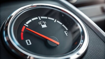 Hydrogen fuel future concept. Fuel gauge showing low level in a vehicle dashboard, indicating a need for refueling.