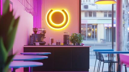 Neon-lit cafe interior, city view, coffee bar, tables, evening