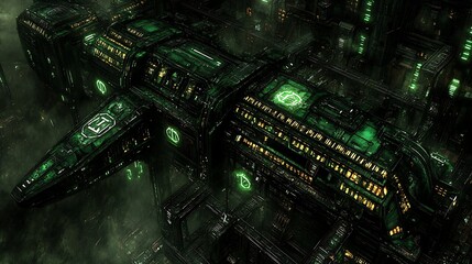 Futuristic green complex with glowing lights and detailed structural design