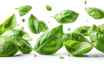 Fototapeta premium Fresh green basil leaves floating in air on a white background with clean lines and natural lighting