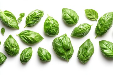 Obraz premium Fresh basil leaves floating in air on white background with clean lines and natural lighting