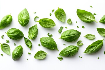 Fototapeta premium Fresh Green Basil Leaves Floating in Air on White Background
