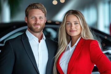 Customers celebrate new car purchase with dealership staff member in a clean and modern showroom