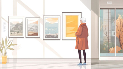 Fototapeta premium Elderly woman admiring modern art in gallery with large windows