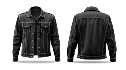 Black denim jacket mockup, front and back view, isolated on clean white background
