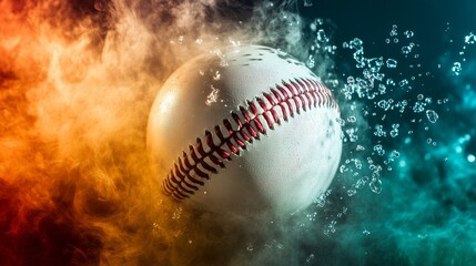 White baseball in colorful green smoke on gold background with baseballs splashing in water drops