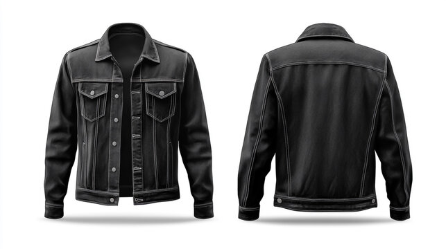 Black denim jacket mockup, front and back view, isolated on clean white background