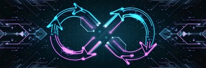 Futuristic infinity symbol made of glowing arrows over digital grid &ndash; Perfect for technology branding, innovation concepts, or cyberpunk-themed designs.