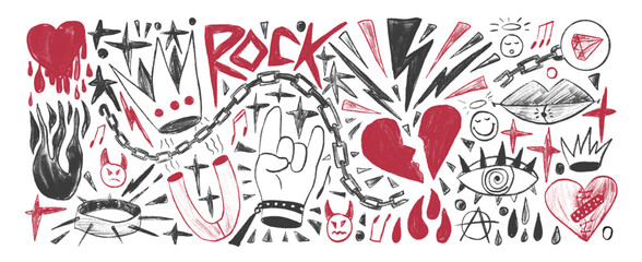 Fototapeta premium Rock and roll girly crayon drawn set. Punk charcoal breaking heart doodle background. Scribble grunge poster elements. Heart, crown and sketch graffiti art. Vector illustration by pencil isolated.