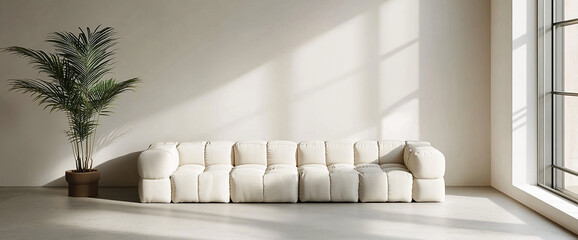 Beige modular sofa in minimalist room, sunlight streams through window, showcasing calmness and modern interior design, ideal for home decor or furniture mockup