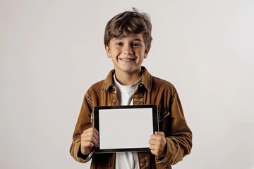 Smiling Charming Boy with a Tablet in Hand Screen Forward on a White Isolated Background