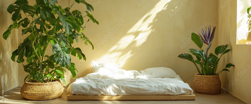 Poster white linen bedding on a low wooden platform, flanked by large potted plants. sunlight streams in, c