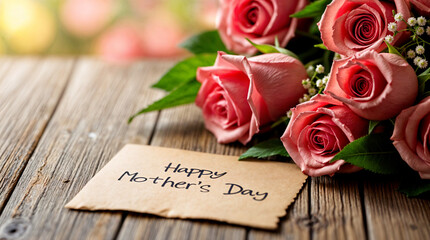 Celebrating Mother's Day with pink roses and heartfelt wishes on a sunny afternoon in a beautiful garden setting