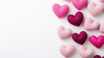 Fototapeta premium Delicate pink hearts scattered across a clean white background for a charming aesthetic