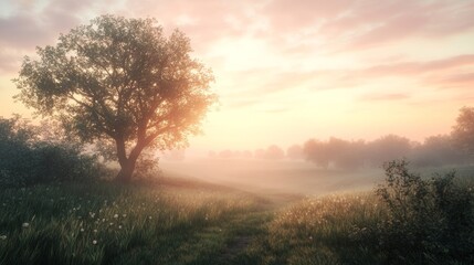 Fototapeta premium Serene foggy sunrise over the english countryside with a soft pastel sky and peaceful atmosphere