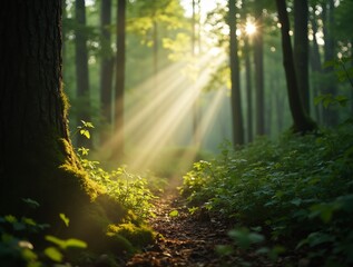 Fototapeta premium Rays of sunlight creating a divine light effect in a dense green forest