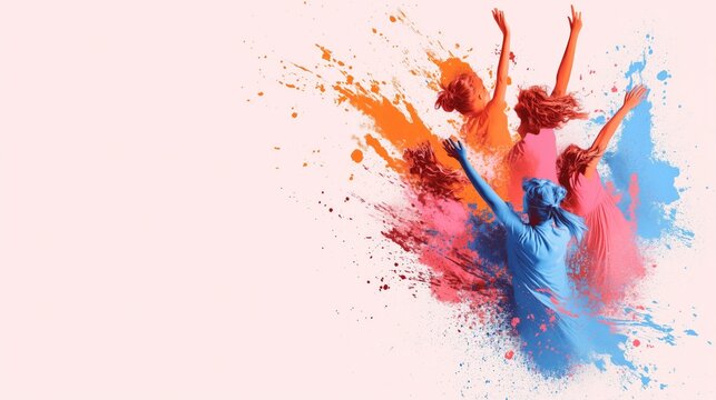 Colorful abstract depiction of joyful dancers in motion. Illustration pastel minimal mockup blank frame for background International Youth Day playful abstract doodles in pastel tones