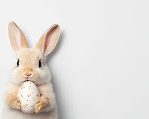 Obraz premium Easter bunny holding egg in minimal design, cute Easter bunny illustration with decorated egg, festive Easter bunny artwork in soft pastel colors,, A cute Easter bunny holding a decorated egg.