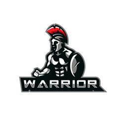 Angry warrior holding shield logo