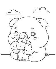 Coloring book Pig eating broccoli A fun coloring page for kids, perfect for a food