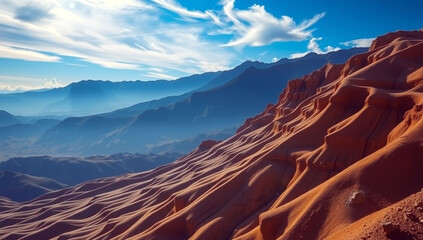 surreal cinematic landscape of layered, eroded hills in warm earthy tones, set against deep blue mountains and a dreamy cerulean sky with wispy clouds