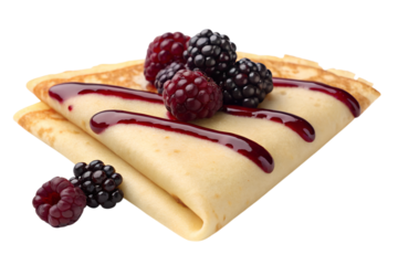 Delicious pancakes topped with fresh berries and berry sauce drizzle