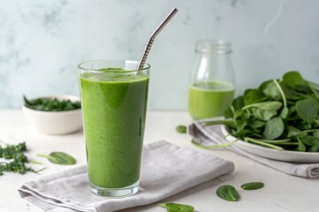 Fototapeta premium Green Spinach Smoothie in Glass with Metal Straw on White Background