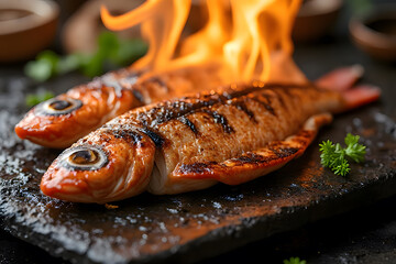 Grilled fish with lime, chilli and greens and hot smoke