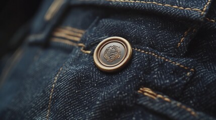 Close-up of a decorative button on dark denim jeans