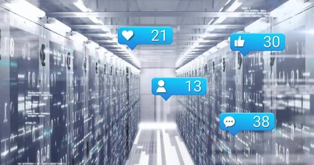 Animation of social media notification icons floating above servers in data center - Powered by Adobe