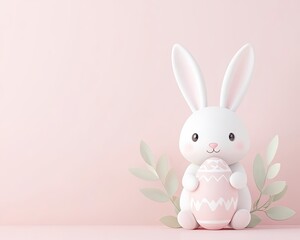 Obraz premium Easter bunny holding egg in minimal design, cute Easter bunny illustration with decorated egg, festive Easter bunny artwork in soft pastel colors,, A cute Easter bunny holding a decorated egg.