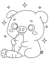 Obraz premium Coloring book Pig eating carrot A fun coloring page for kids, perfect for a food or vegetable theme