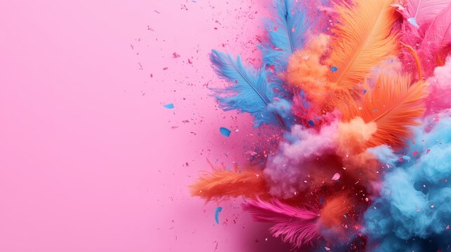 Vibrant colorful feathers and splashes against a pink background. Illustration pastel minimal mockup blank frame for background Notting Hill Carnival vibrant feathered masks, flowing pastel carnival 