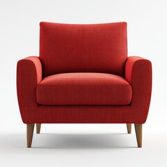 Modern single armchair in vibrant red fabric, minimalist design, wooden legs, front view