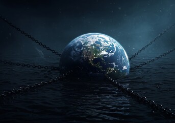 Earth Globe Encased by Chains in Water Dark Conceptual Image